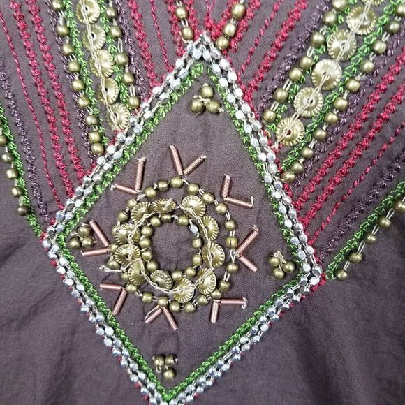 ALC At last Classics Large 3/4 Sleeve Brown Beaded Embroidered V Neck Blouse L - Picture 13 of 14